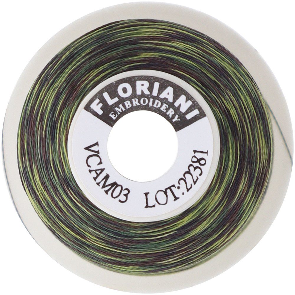 Floriani variegated embroidery thread spool, color VCAM03, camo green and brown tones