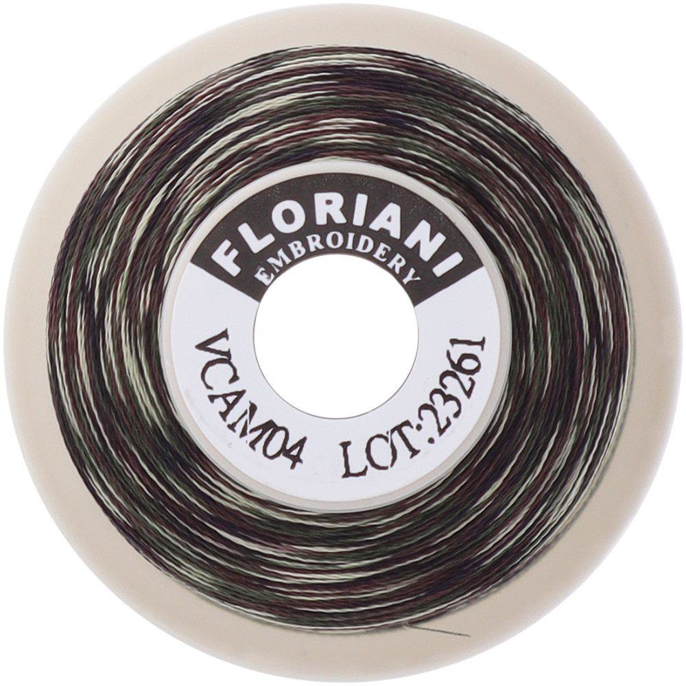 Floriani Variegated Embroidery Thread spool, color VCAM04, top view showing camo-style thread blend