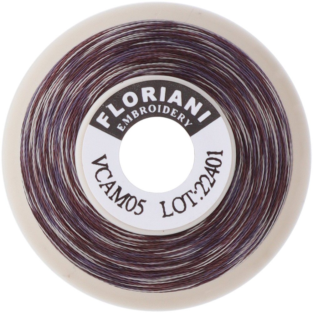 Floriani variegated embroidery thread spool, color VCAM05, shown end-on