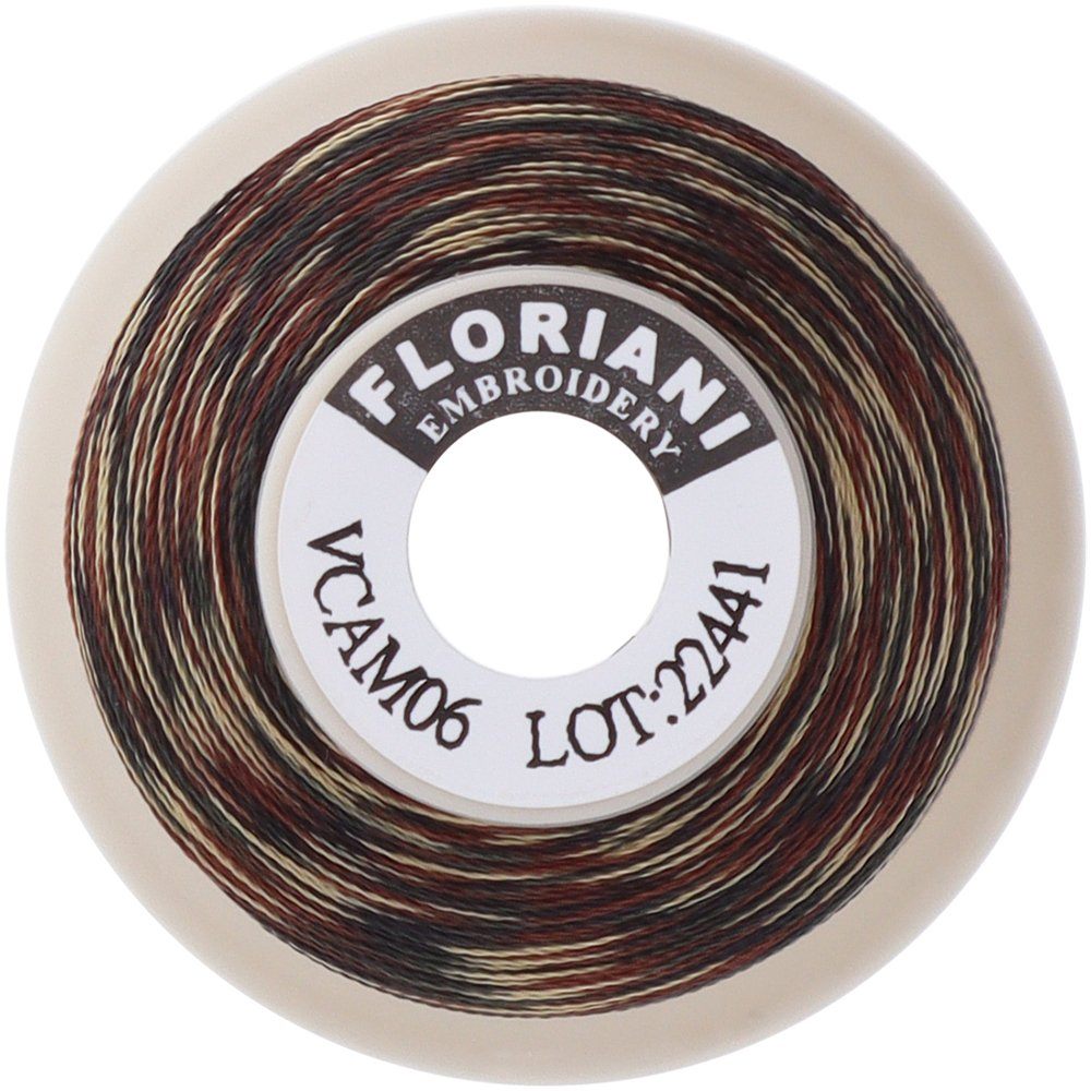 Floriani variegated embroidery thread spool, color VCAM06, showing brown and cream tones