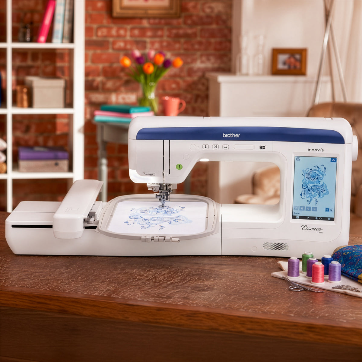 Brother Essence VE2300 Embroidery Machine on a wooden desk with notions scattered around.
