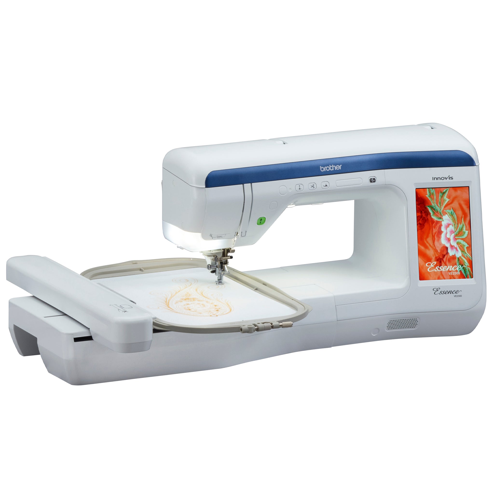Brother Essence VE2300 Embroidery Machine slightly angled on a white background showing the colorful LCD screen