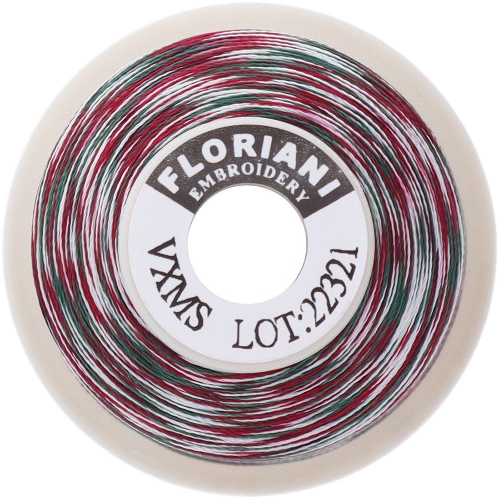 Floriani variegated embroidery thread spool, VXMS colorway, end view showing red, green and white threads