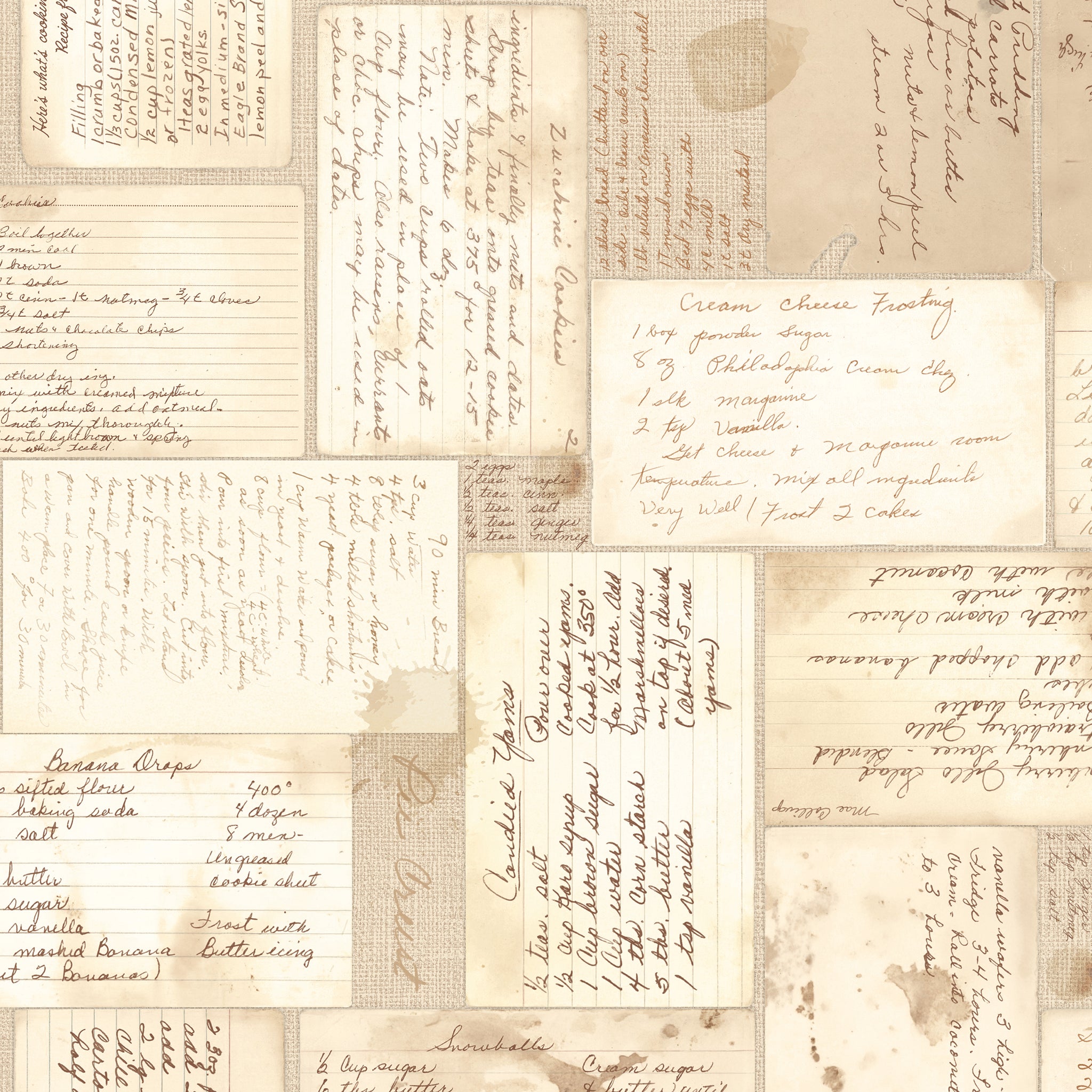 A vintage-style collage pattern featuring multiple aged beige paper panels with handwritten script notes, cursive writing, and faint sepia stains, resembling old recipe cards or letters.