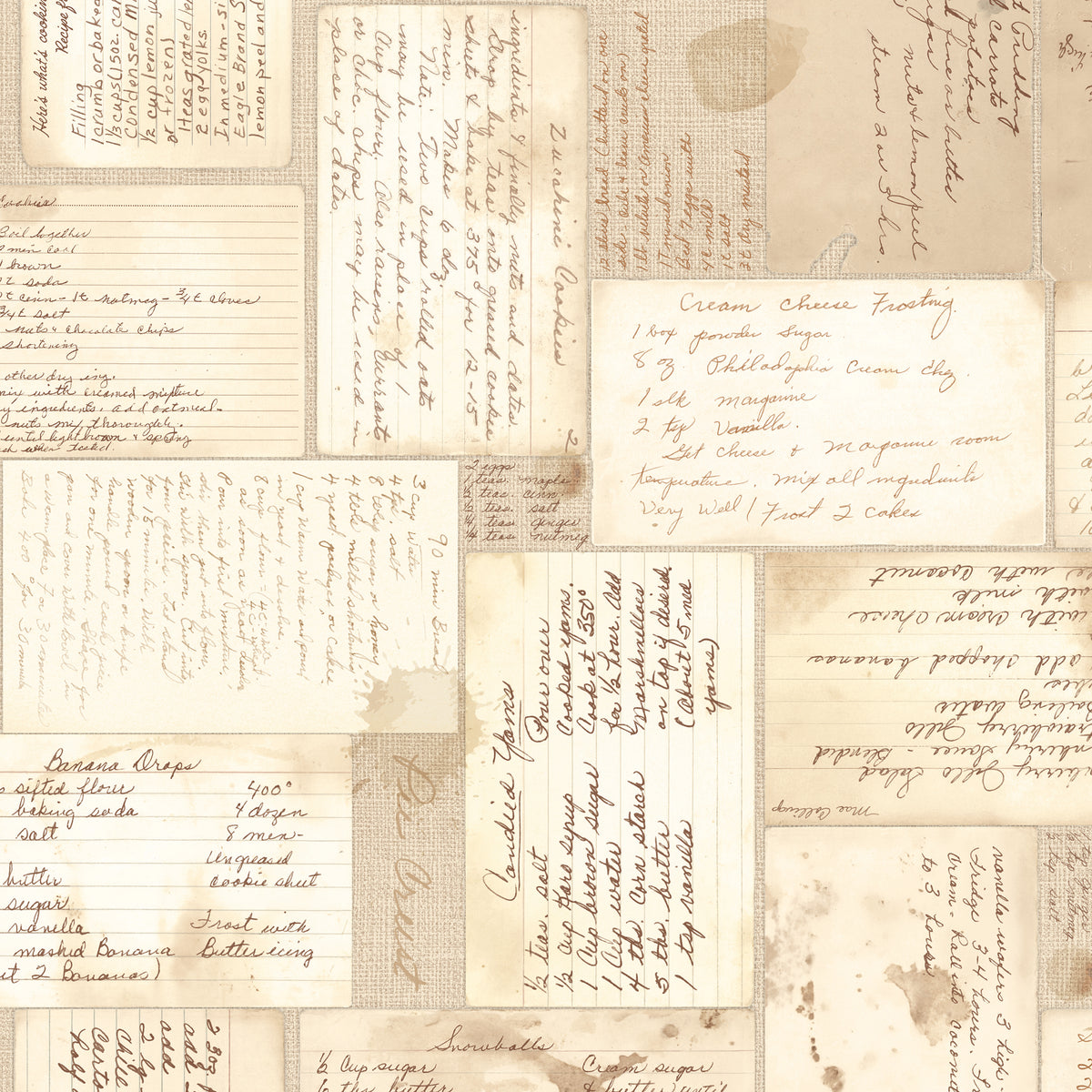 A vintage-style collage pattern featuring multiple aged beige paper panels with handwritten script notes, cursive writing, and faint sepia stains, resembling old recipe cards or letters.