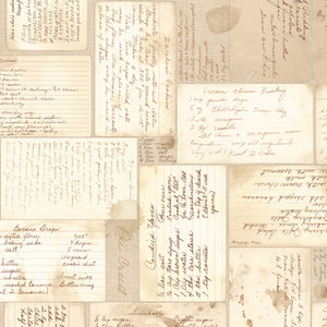 A vintage-style collage pattern featuring multiple aged beige paper panels with handwritten script notes, cursive writing, and faint sepia stains, resembling old recipe cards or letters.