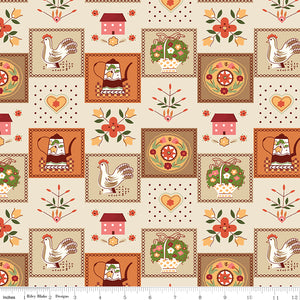 108" wide quilt backing with vintage chickens, teapots, florals, hearts, and houses on a cream background with a ruler along the bottom for scale.