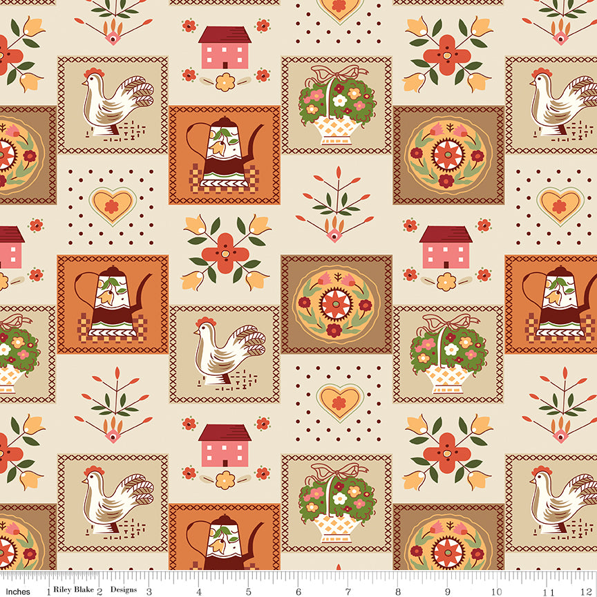 108" wide quilt backing with vintage chickens, teapots, florals, hearts, and houses on a cream background with a ruler along the bottom for scale.