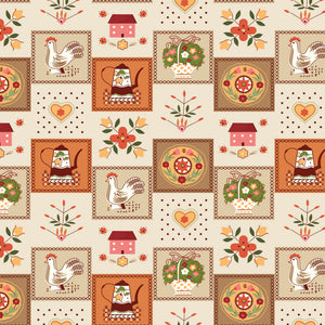 108" wide quilt backing with vintage chickens, teapots, florals, hearts, and houses on a cream background.