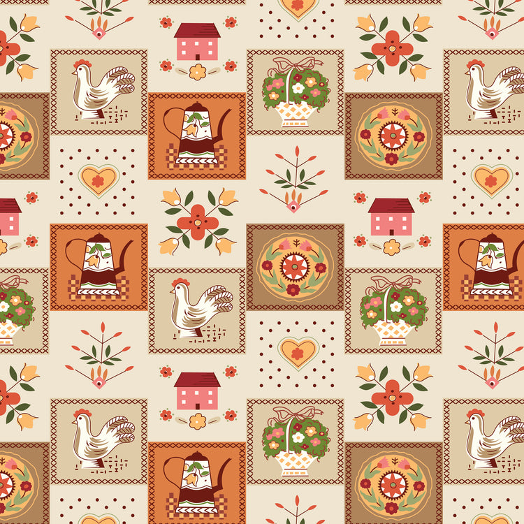 108" wide quilt backing with vintage chickens, teapots, florals, hearts, and houses on a cream background.