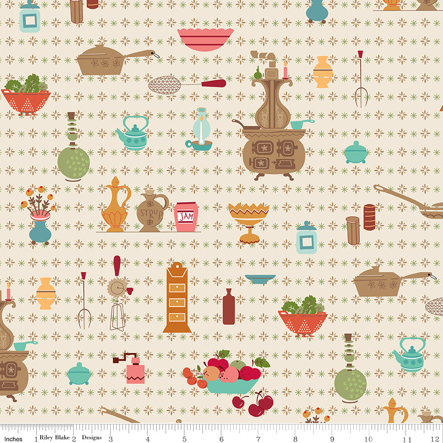 108" wide quilt backing with colorful vintage kitchenware, cookware, and pantry motifs on a cream background with a ruler along the bottom for scale. 
