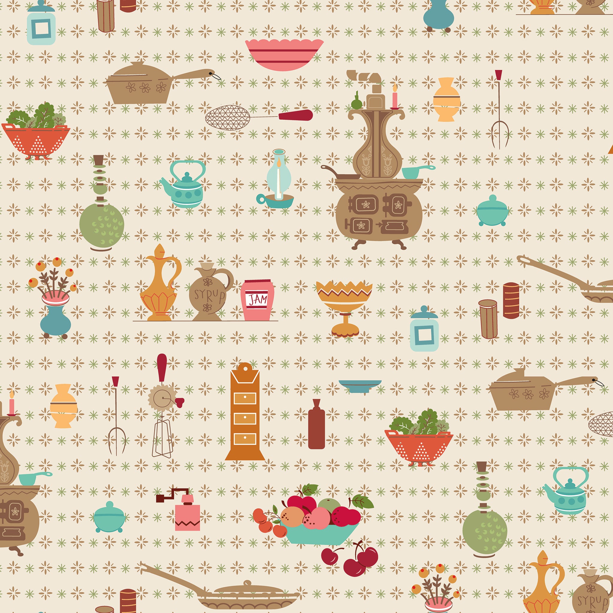 A repeating retro-style pattern featuring illustrated kitchen and dining objects such as pots, teapots, bowls, plates, and utensils in muted warm tones on a cream background with a subtle floral motif.