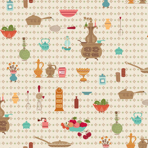 A repeating retro-style pattern featuring illustrated kitchen and dining objects such as pots, teapots, bowls, plates, and utensils in muted warm tones on a cream background with a subtle floral motif.