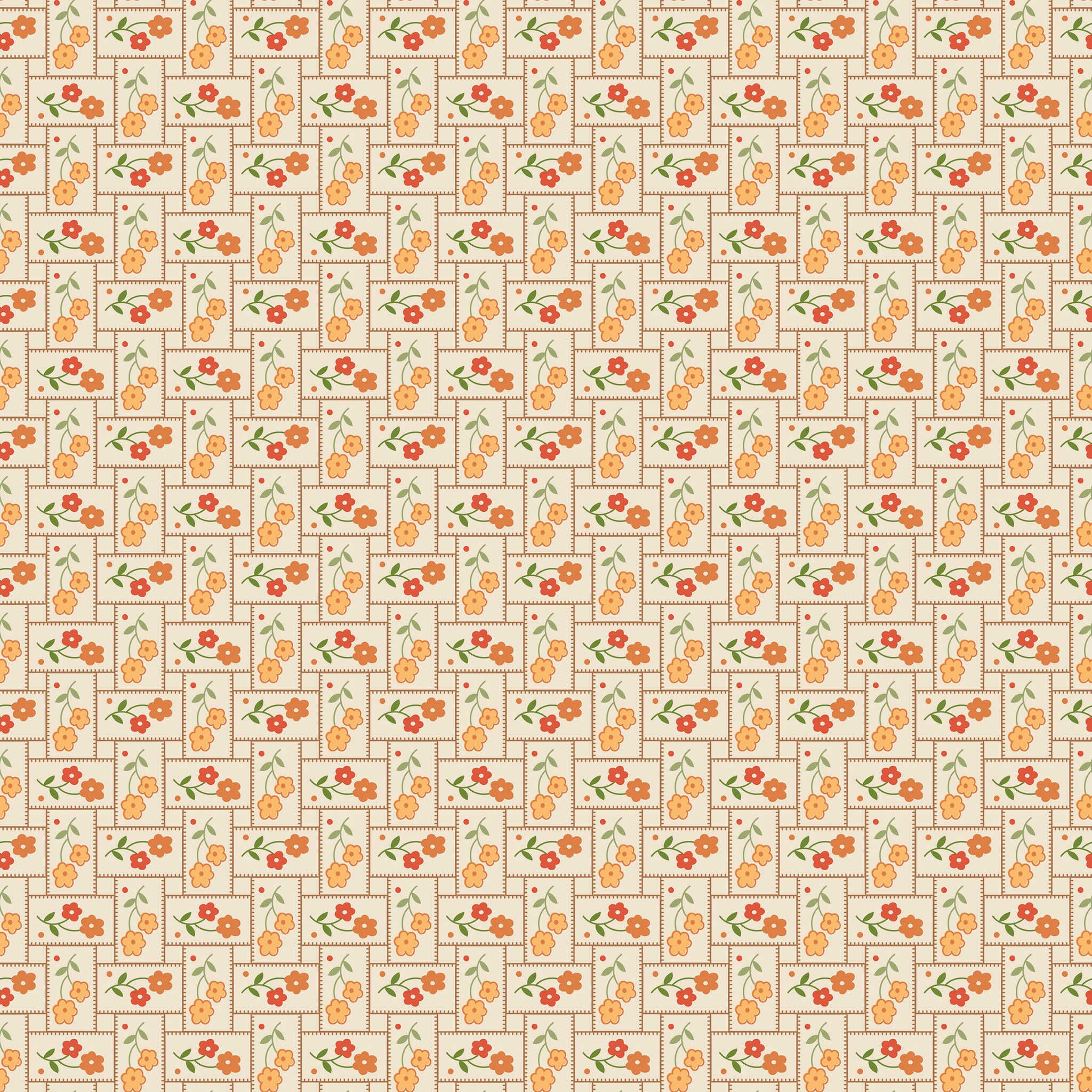 A repeating pattern of small orange flowers with green leaves arranged inside beige rectangular panels outlined in brown, set on a light cream background.