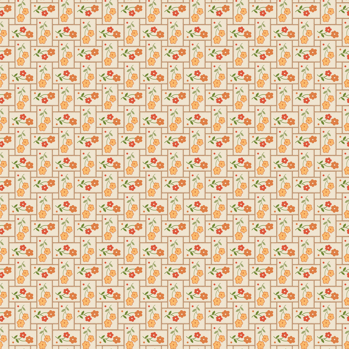 A repeating pattern of small orange flowers with green leaves arranged inside beige rectangular panels outlined in brown, set on a light cream background.
