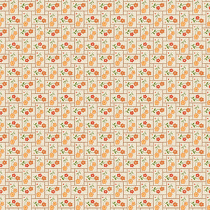A repeating pattern of small orange flowers with green leaves arranged inside beige rectangular panels outlined in brown, set on a light cream background.