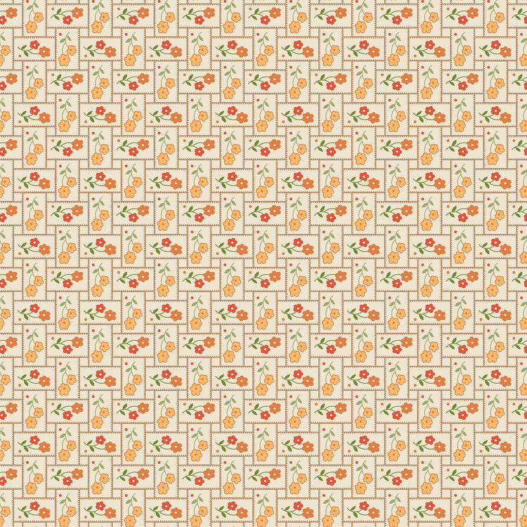 A repeating pattern of small orange flowers with green leaves arranged inside beige rectangular panels outlined in brown, set on a light cream background.
