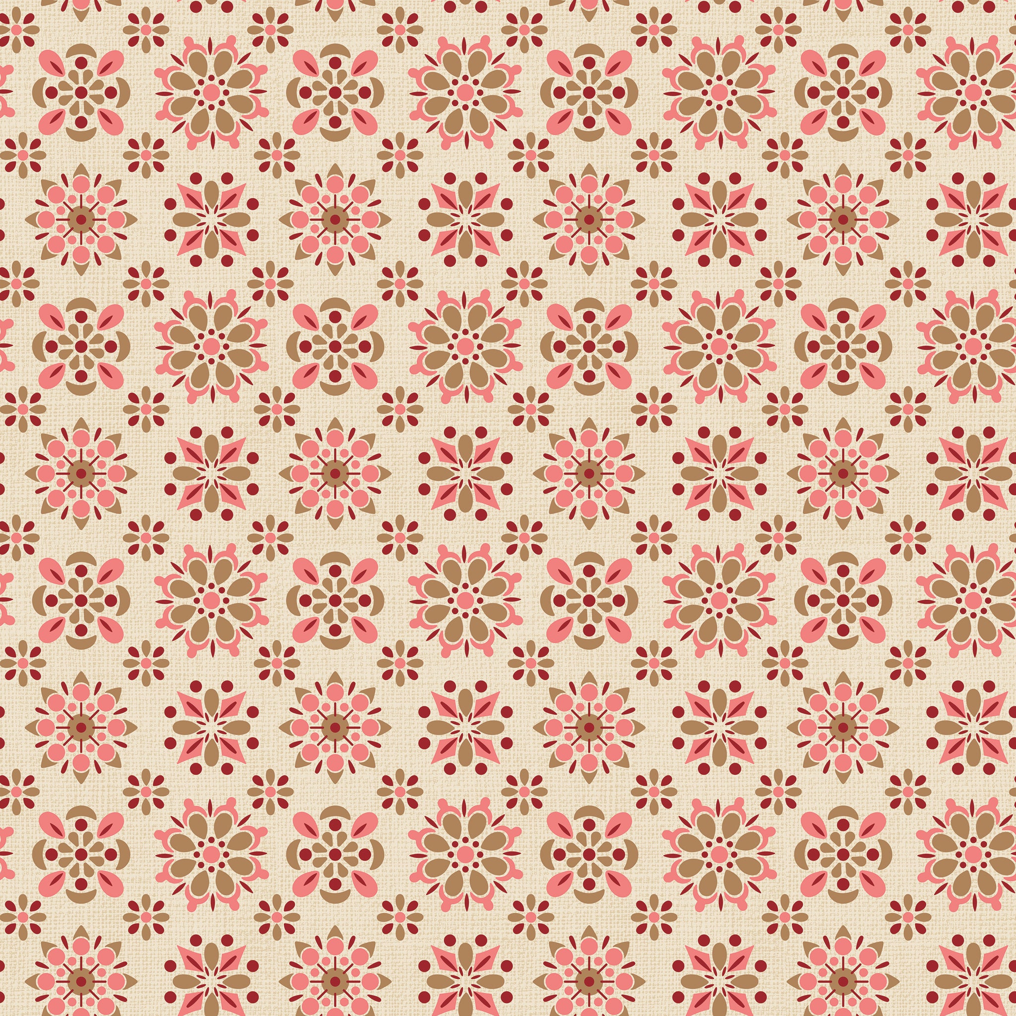 A repeating vintage-style floral pattern on a warm beige background, featuring pink and brown motifs with small red accents.