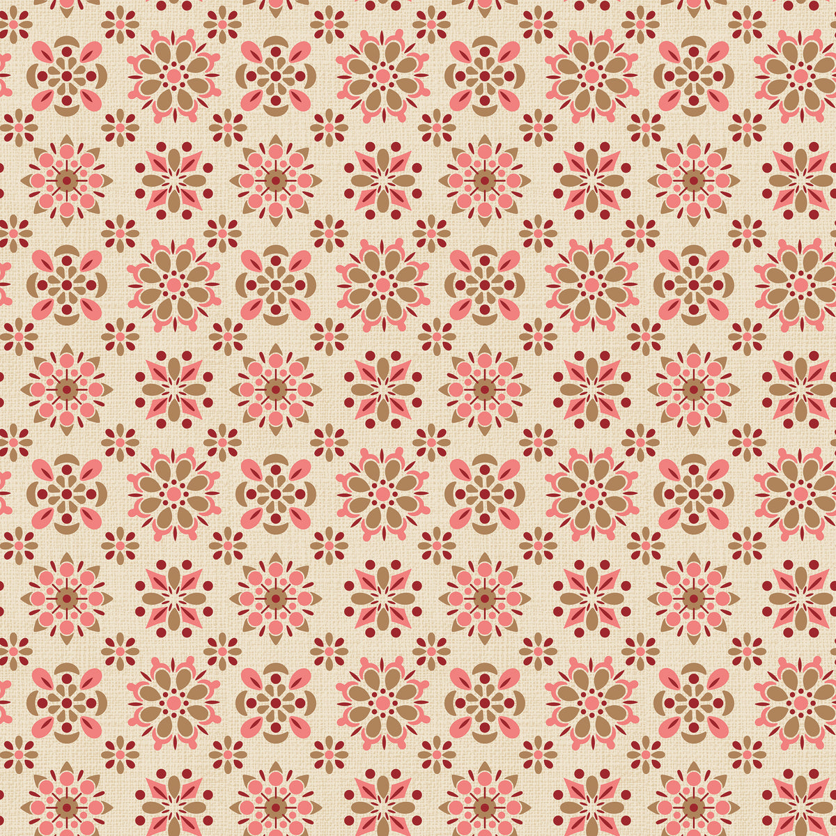 A repeating vintage-style floral pattern on a warm beige background, featuring pink and brown motifs with small red accents.