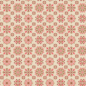 A repeating vintage-style floral pattern on a warm beige background, featuring pink and brown motifs with small red accents.