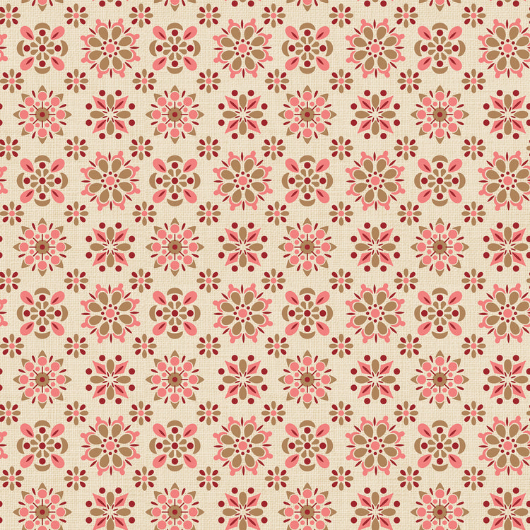 A repeating vintage-style floral pattern on a warm beige background, featuring pink and brown motifs with small red accents.