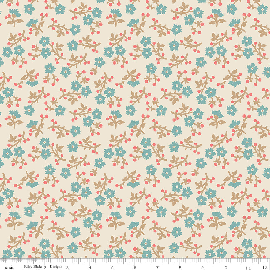Floral pattern on a cream background, featuring small blue flowers, tan leaves, and coral-pink berries with a ruler along the bottom for scale. 