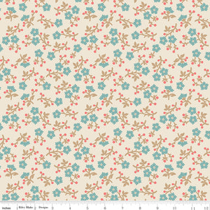 Floral pattern on a cream background, featuring small blue flowers, tan leaves, and coral-pink berries with a ruler along the bottom for scale. 