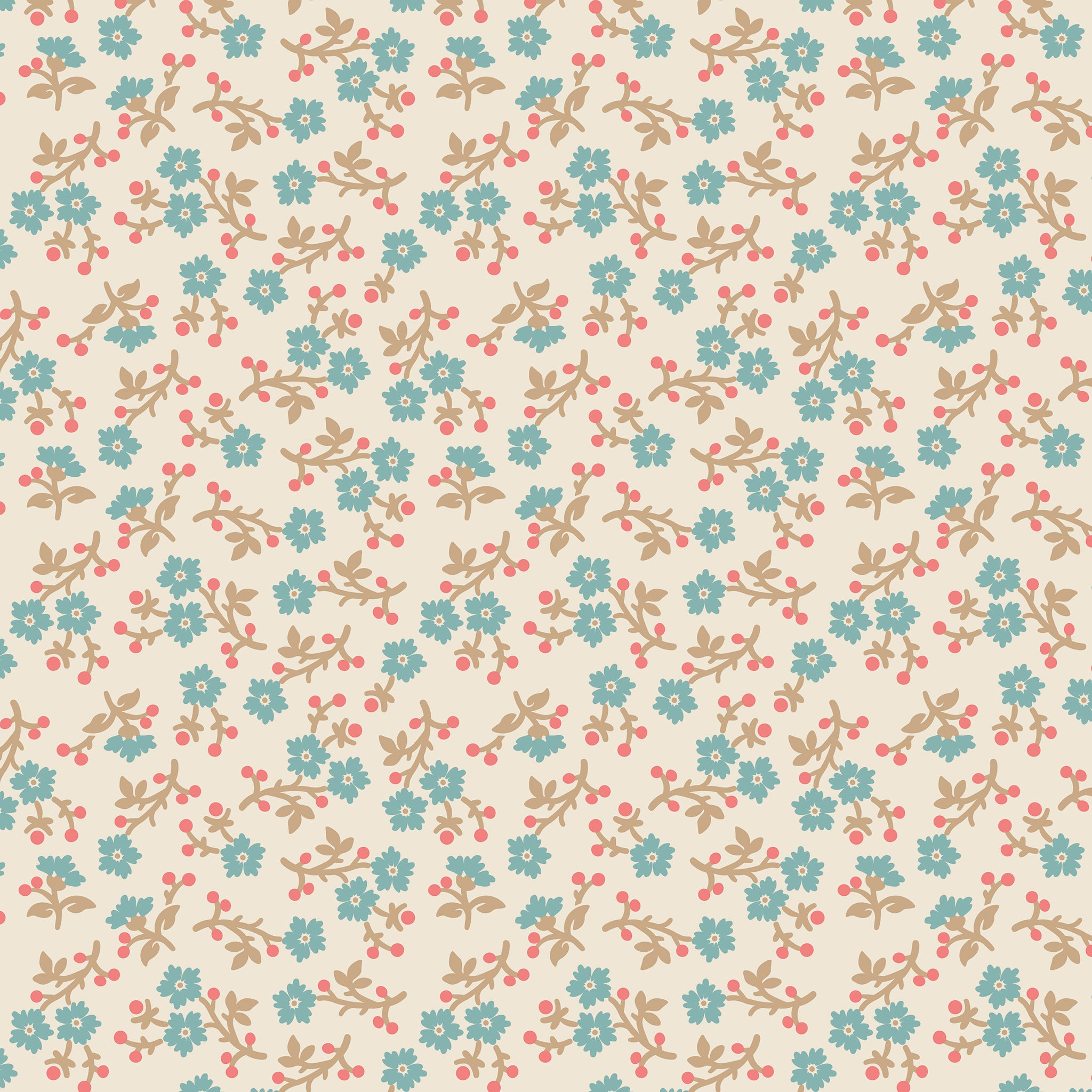 A repeating floral pattern on a warm cream background, featuring small blue flowers, tan leaves, and coral-pink berries.