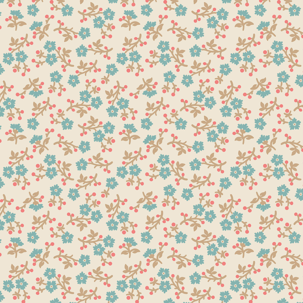 A repeating floral pattern on a warm cream background, featuring small blue flowers, tan leaves, and coral-pink berries.