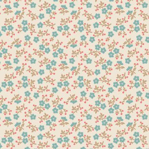 A repeating floral pattern on a warm cream background, featuring small blue flowers, tan leaves, and coral-pink berries.