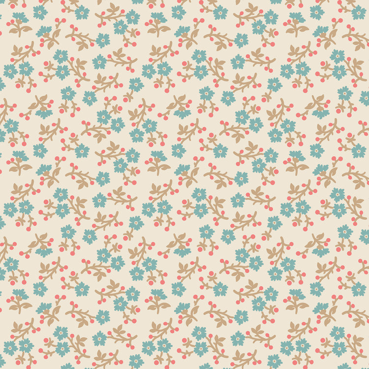 A repeating floral pattern on a warm cream background, featuring small blue flowers, tan leaves, and coral-pink berries.