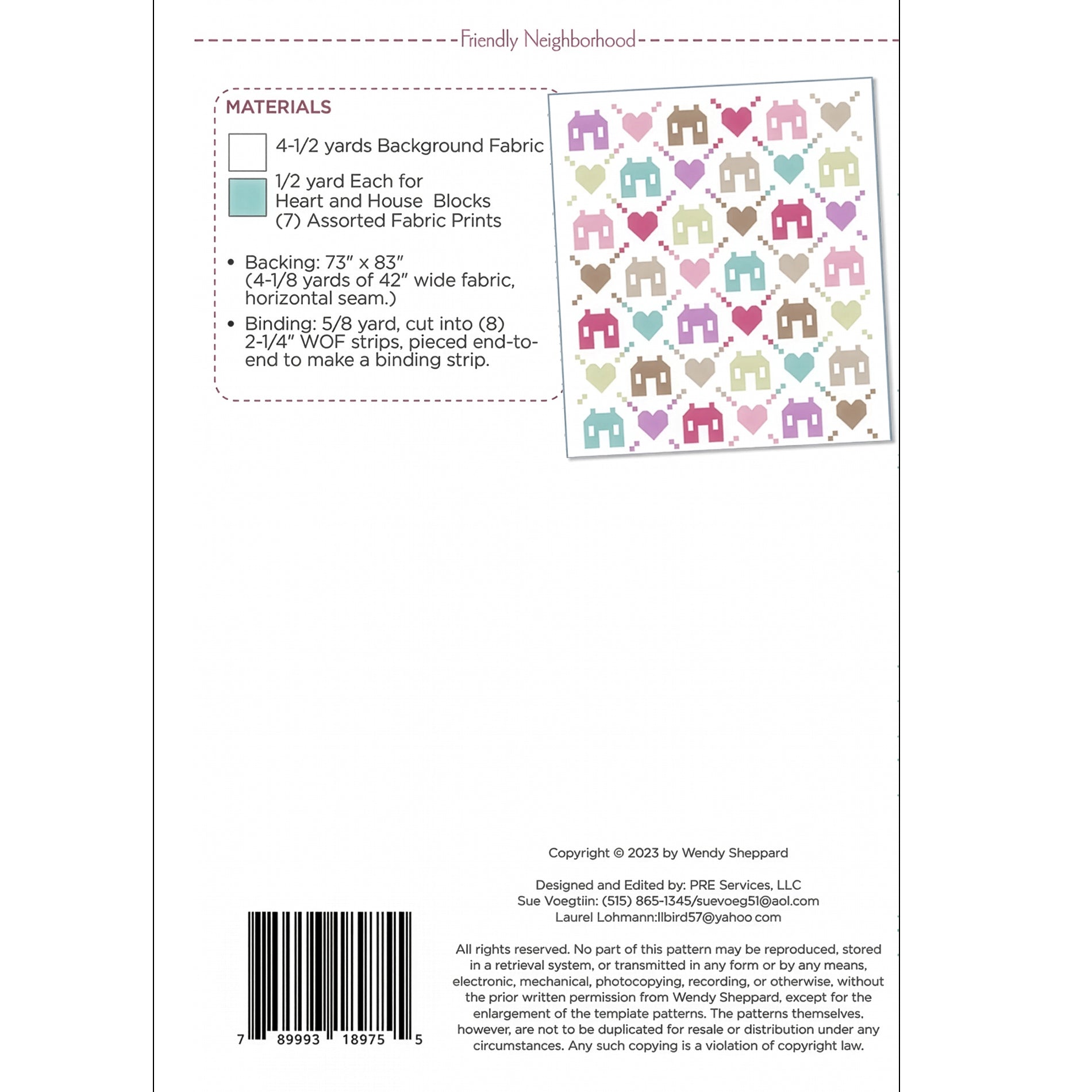Friendly Neighborhood quilt pattern materials list with fabric requirements and quilt diagram.