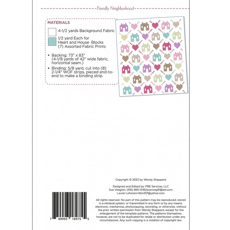Friendly Neighborhood quilt pattern materials list with fabric requirements and quilt diagram.