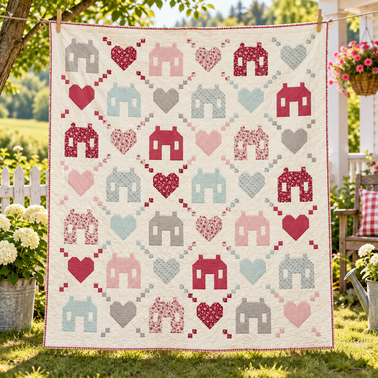 Friendly Neighborhood quilt displayed outdoors with pink, red, aqua, and gray house and heart blocks.