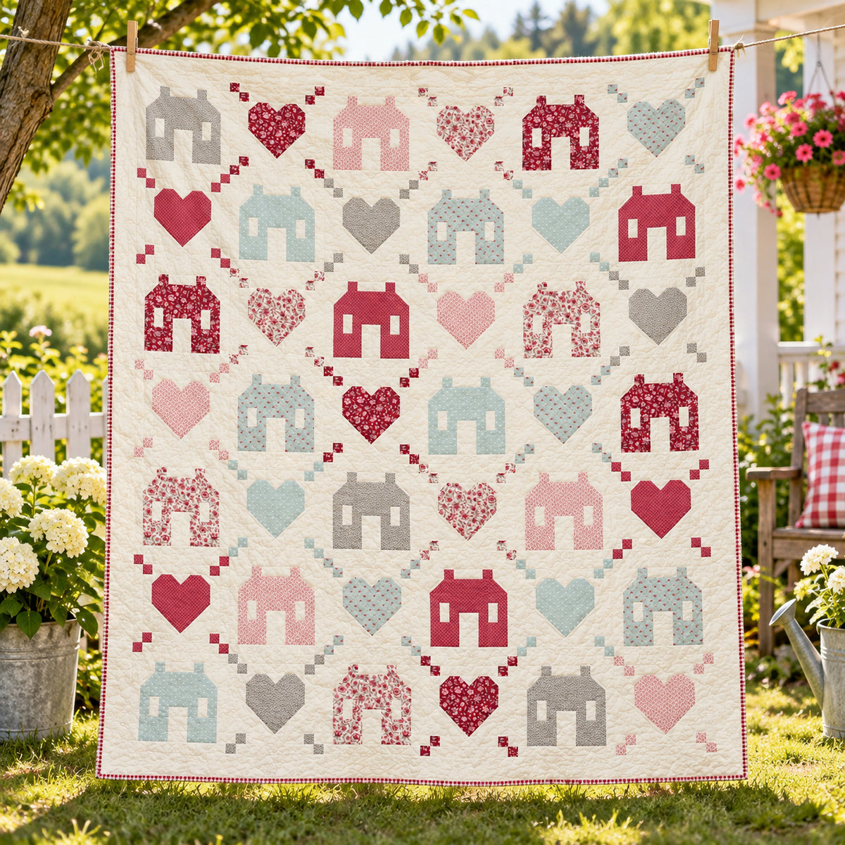 Friendly Neighborhood quilt displayed outdoors with pink, red, aqua, and gray house and heart blocks.