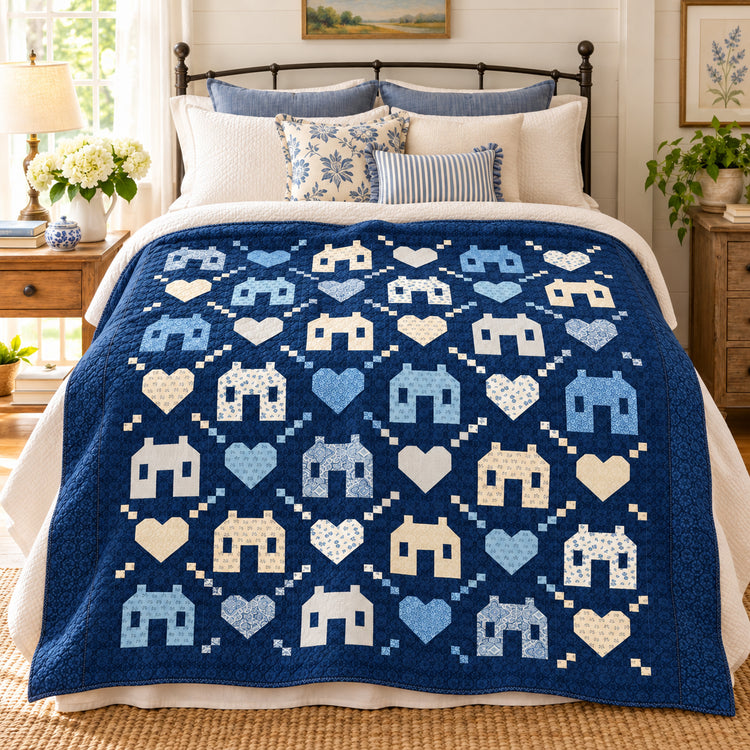 Friendly Neighborhood quilt in blue and cream colorway styled on a cozy bedroom bed.