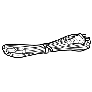 A black and white line art illustration of a coiled power cable with a plug on a solid white background.