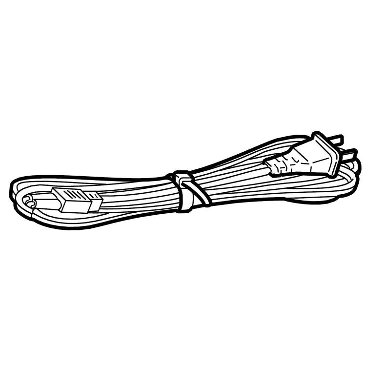 A black and white line art illustration of a coiled power cable with a plug on a solid white background.
