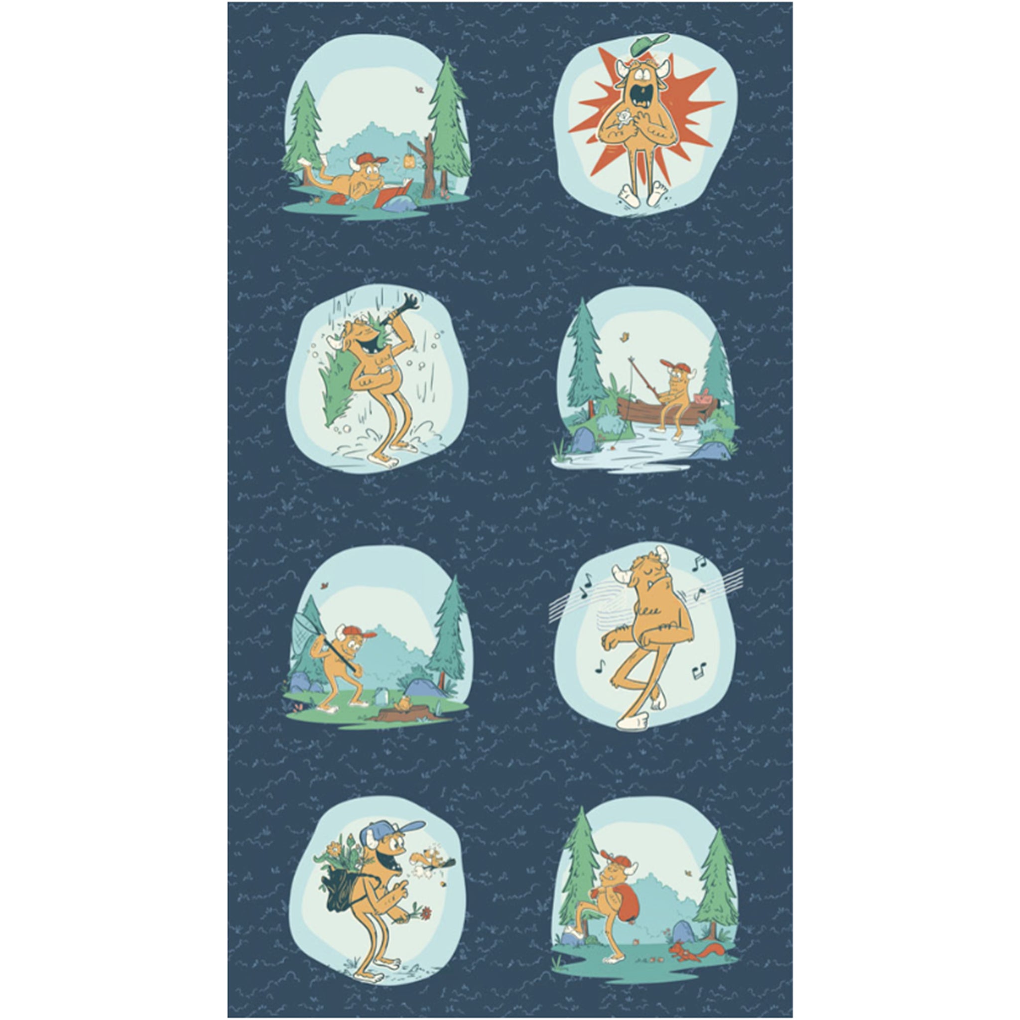 Yeti for Anything Panel with eight aqua-framed yeti scenes arranged in two columns on a navy background.
