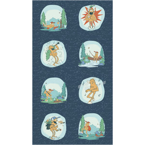 Yeti for Anything Panel with eight aqua-framed yeti scenes arranged in two columns on a navy background.
