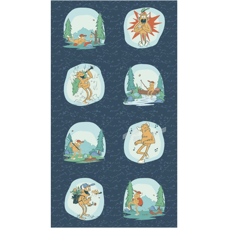 Yeti for Anything Panel with eight aqua-framed yeti scenes arranged in two columns on a navy background.