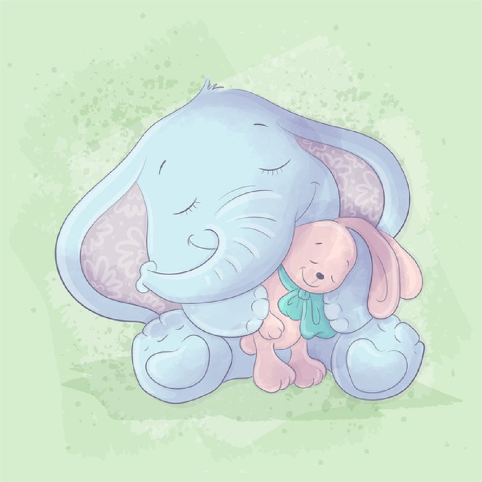 Baby Elephant With Rabbit Toy Fabric Panel - Green