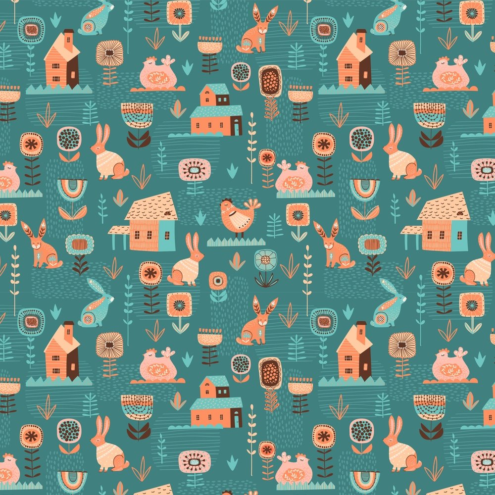 Boho Easter Folk Farm Fabric - Blue
