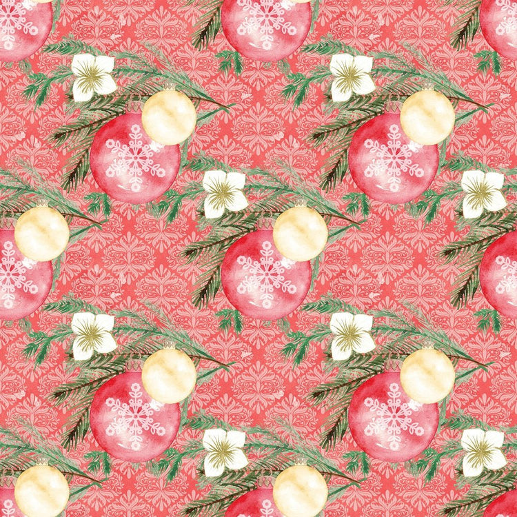 Christmas Joy Ornaments on Damask Fabric - Red