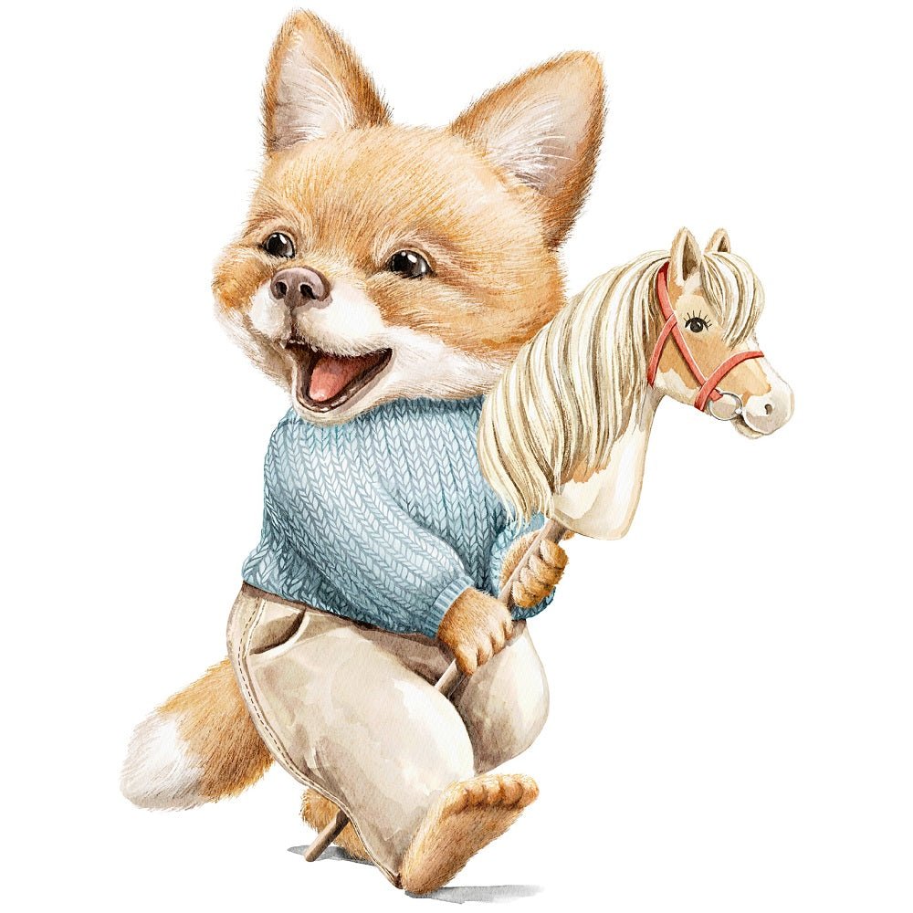 Happy Fox Riding Christmas Little Critters Fox Riding Horse Fabric Panel