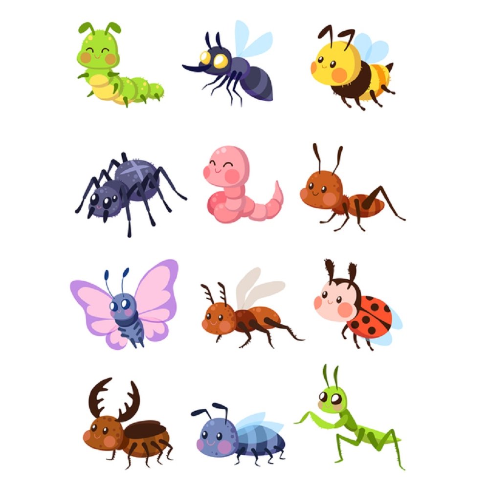 One Panel Insect Cartoon Cute Cartoon Insects Fabric Panel - White