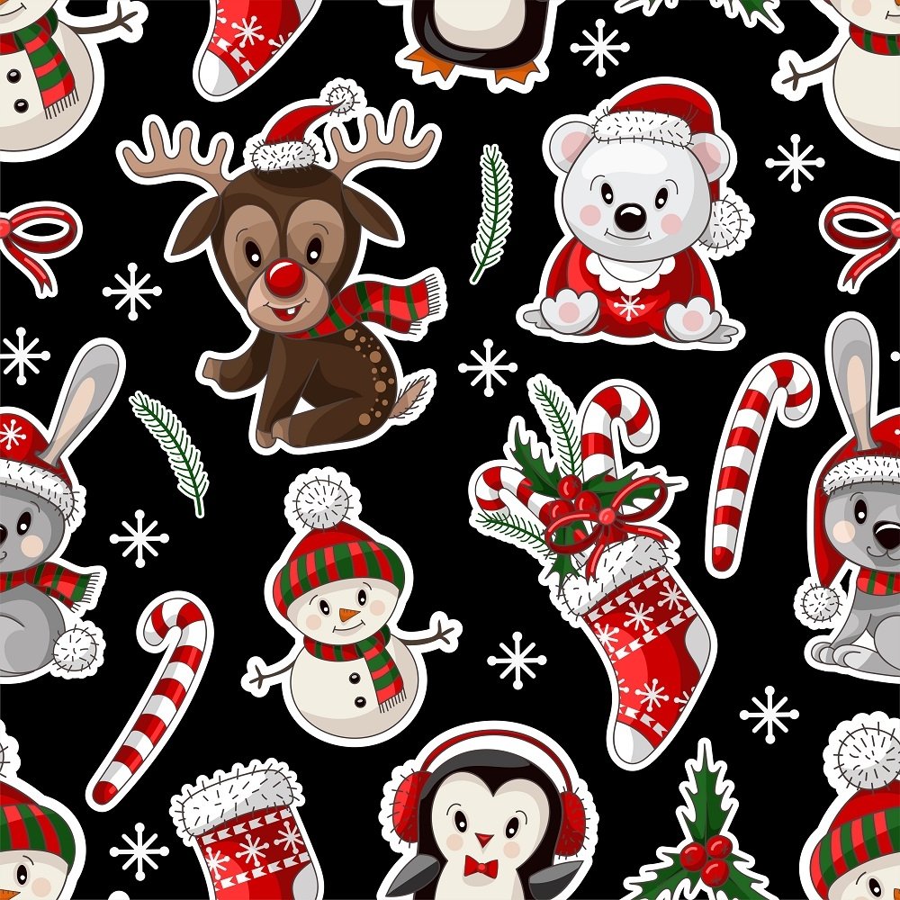 Cute Christmas Baby Animals Fabric - Black