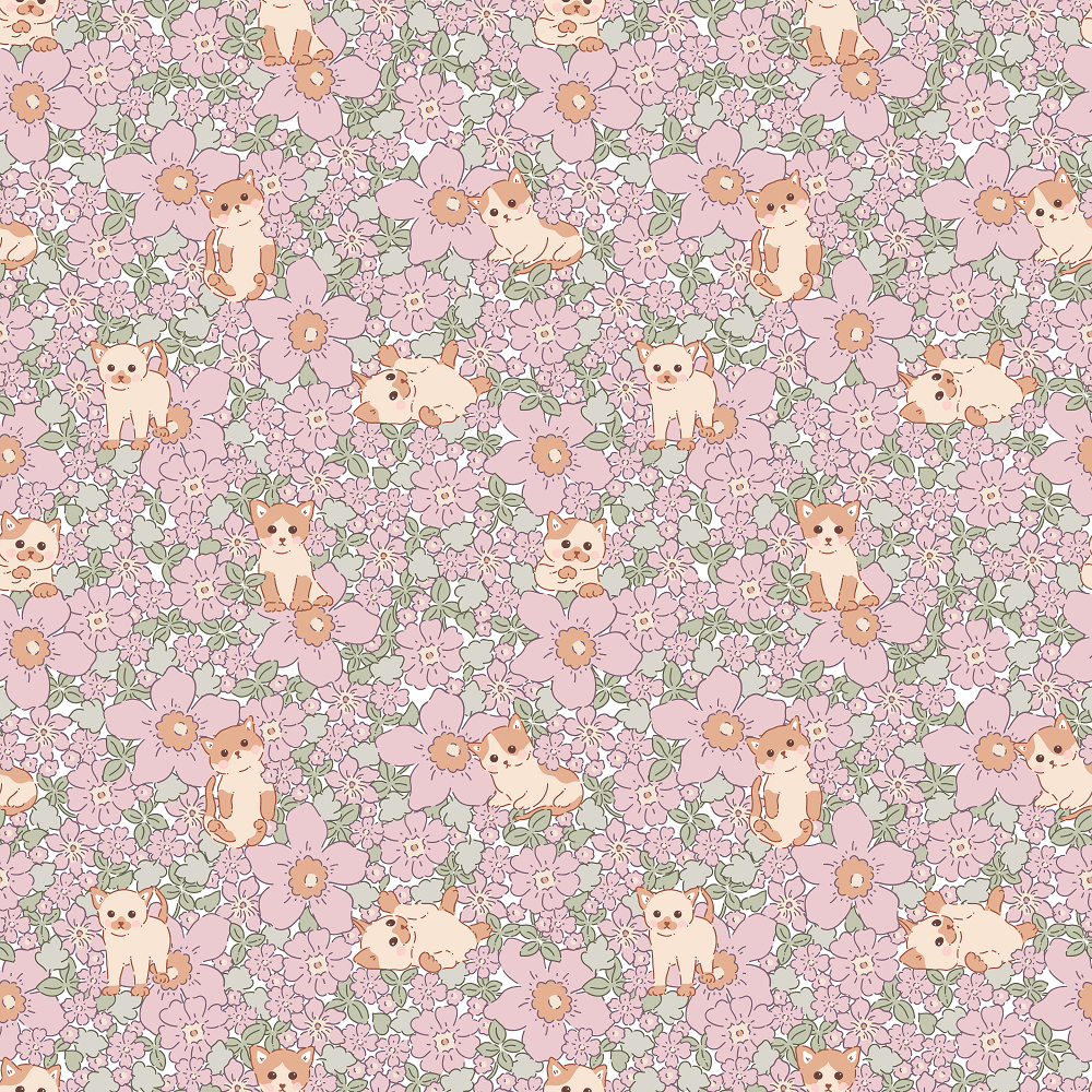 Cute Material Patterns Cute Kittens & Floral Pattern #1 Fabric