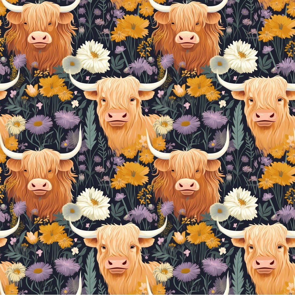 Floral Cowhide Pattern Floral Highland Cows Pattern #1 Fabric
