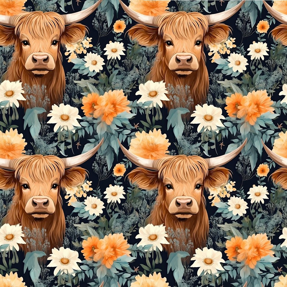 Floral Highland Cows Pattern #11 Fabric